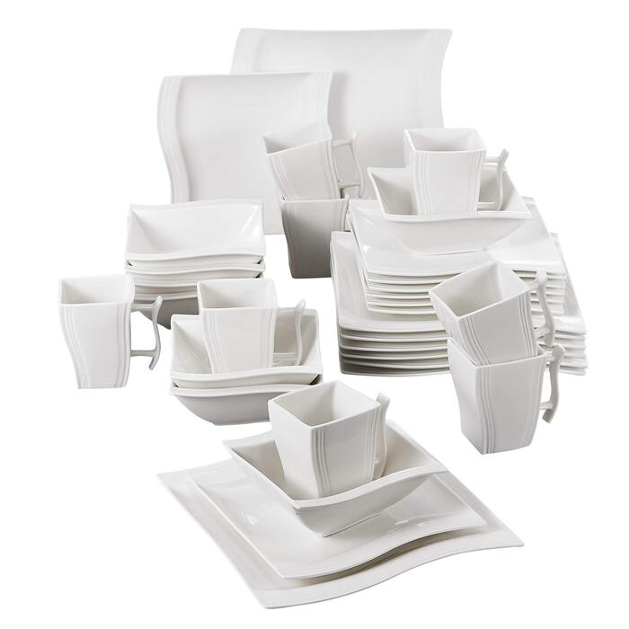 MALACASA Серія Flora – 60-елементний посуд для 12 осіб – кремово-білий порцеляновий сервіз з квадратним дизайном (тарілки, чашки, підтарілки) – придатний для миття в посудомийній машині та використання в мікрохвильовій печі, білий