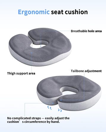 Ортопедична подушка-кільце з ефектом пам'яті Memory Foam для копчика та копчик-підтримки, пом'якшення болю при геморої, ішіасі, вагітності та післяопераційному відновленні (сіра)