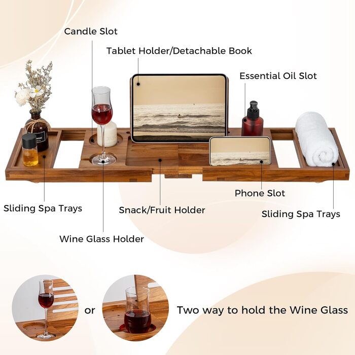 Підставка для ванни з текового дерева, розширювана, з тримачами для вина та телефону, книжкова стійка, для дому, спа, релаксації та читання, натуральне світле горіхове дерево