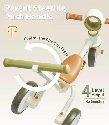 Дитячий біговел-триколіс LOL-FUN 5-в-1 з ручкою для штовхання, зелений оливковий, для хлопчиків та дівчаток від 1 року