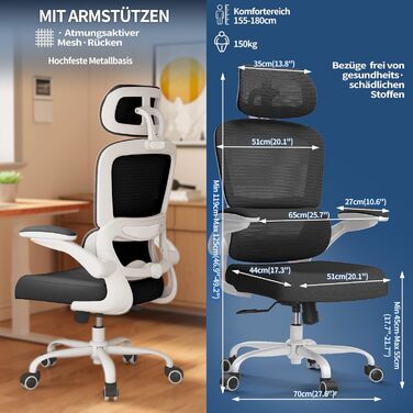 Ергономічне крісло TRALT для офісу з регульованою поперековою підтримкою та підголівником. Ігрове крісло, офісне крісло, крісло для дому, крісло для великих людей, 150 кг, біло-чорне