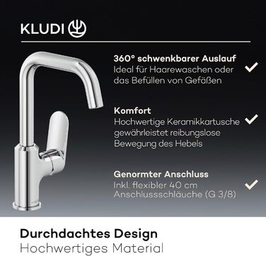 Змішувач для умивальника KLUDI-X1 з витяжним корком, поворотний на 360°, висота виливу 205 мм, водозберігаючий, розмір L, з підключувальними шлангами (без зливної арматури, хром)
