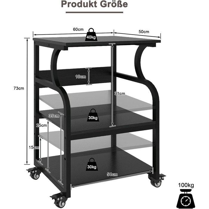 Регульований стіл для принтера PUNCIA з 3 полицями, з роликами, мобільний візок для принтера з дерева та металу, чорний (60 x 50 см)
