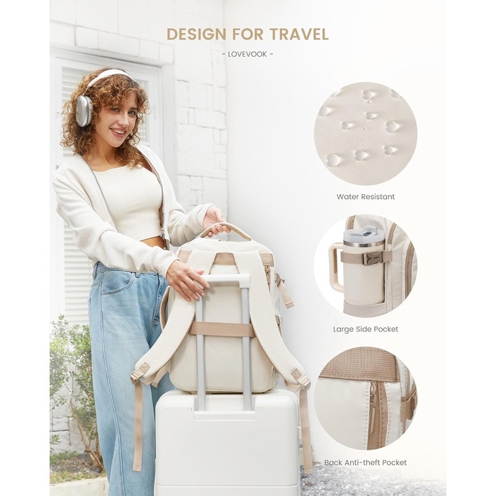 LOVEVOOK Рюкзак для ручної поклажі, 40L, для подорожей, чоловічий/жіночий, для ноутбука 17 дюймів, водонепроникний, рюкзак-валіза, для вихідних, роботи, відпустки, бежевий (бежевий+хакі)