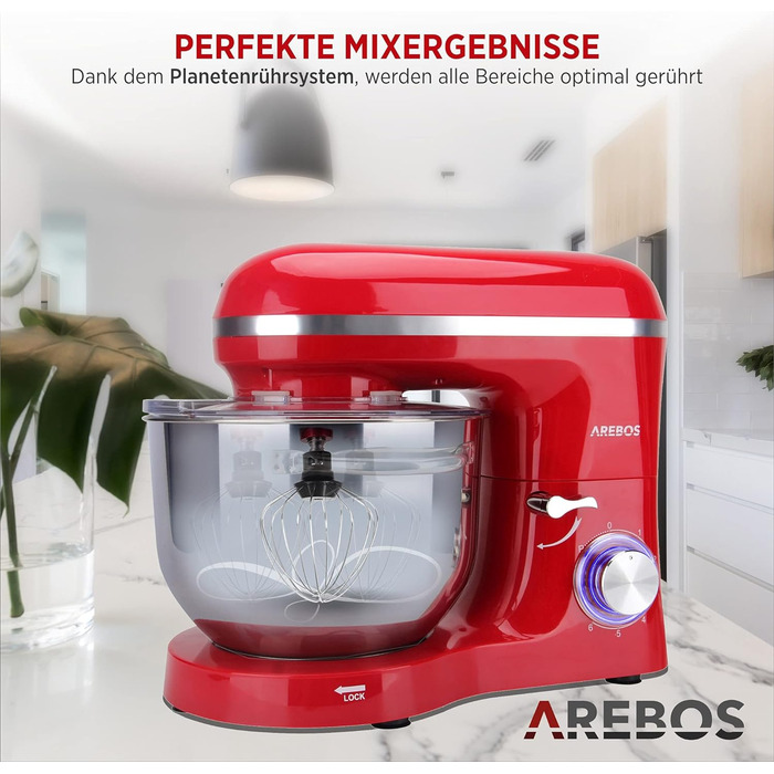 Кухонна машина Arebos 1500W з чашею 6L з нержавіючої сталі | Змішувач, гак для тіста, вінчик | Кришка від бризок | 6 швидкостей | Кухонний комбайн | Машина для тіста (червона)
