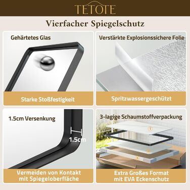 Дзеркало для ванної кімнати TETOTE 40x50 см, чорне, прямокутне, з металевим каркасом, з круглими кутами, для раковини, з загартованого скла