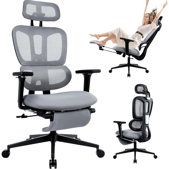 Ергономічне крісло для офісу з підніжкою, висока спинка, 2D-підголівник, відкидні підлокітники, сидіння з губки, сітчастий офісний крісло, крісло для керівника, комп'ютерне крісло для дорослих (сірий)