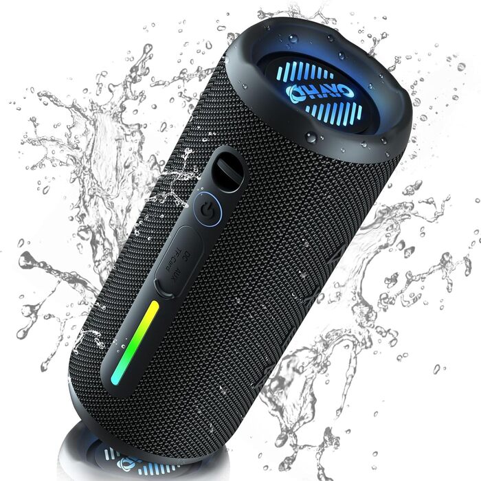 Портативна Bluetooth колонка OHAYO 24W з RGB підсвічуванням, басами, IPX7, 30 годин роботи, мікрофоном, для відпочинку на природі (чорна)