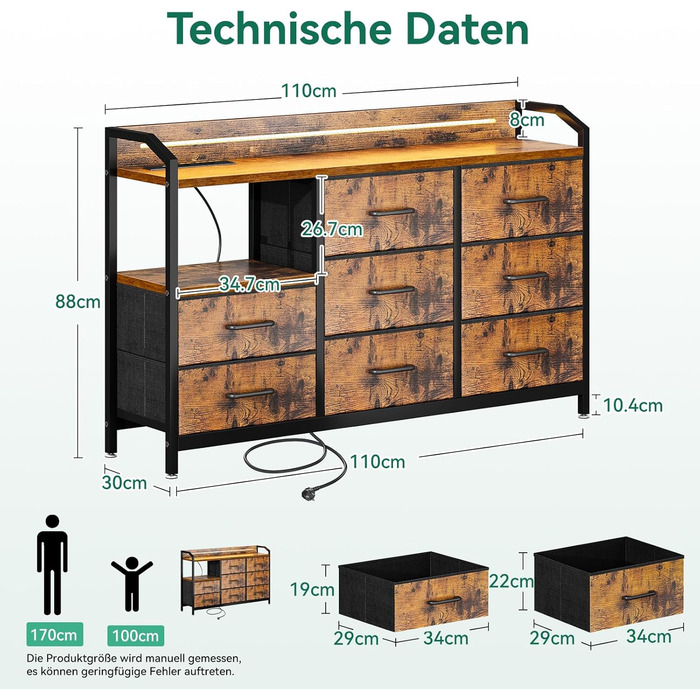 Комод ODK з висувними ящиками та LED-підсвіткою, 10 кольорів, 2 USB та 2 розетки, 8 тканинних ящиків, для вітальні/спальні, 110x30x88 см, вінтажний стиль