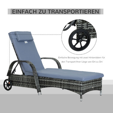 Outsunny Garden Furniture Садовий шезлонг Шезлонг мобільний з подушками, поліротанг і метал, сірий, регульований 200x73x30-103см для саду та тераси