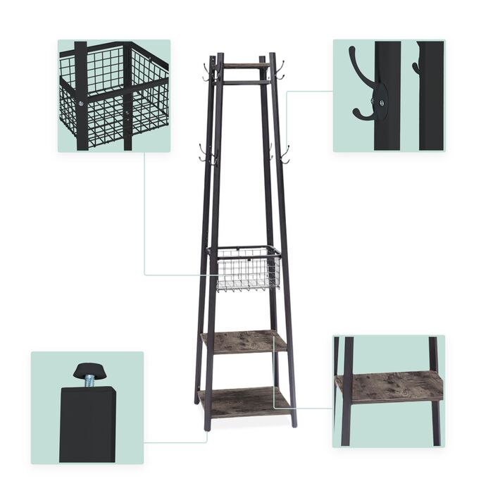 Настінна вішалка Relaxdays з гачками, полицями та кошиком