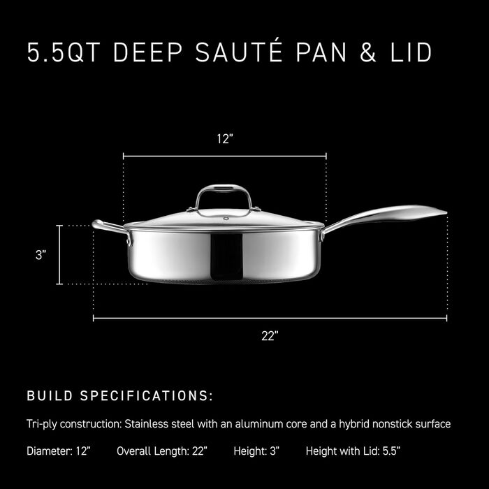 Сковорода HexClad Hybrid з антипригарним покриттям з кришкою, 4.5 л, для плити та духовки, сумісна з індукцією