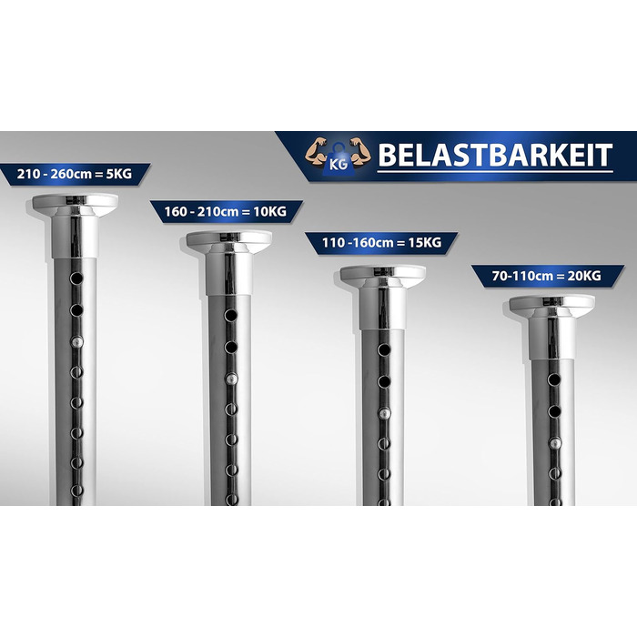 Штанга для душу без свердління 160-210 см, срібна, Ø 25 мм, телескопічна, з кріпленнями. Підходить для ванної, душової кабіни та перегородки. Нержавіюча сталь.