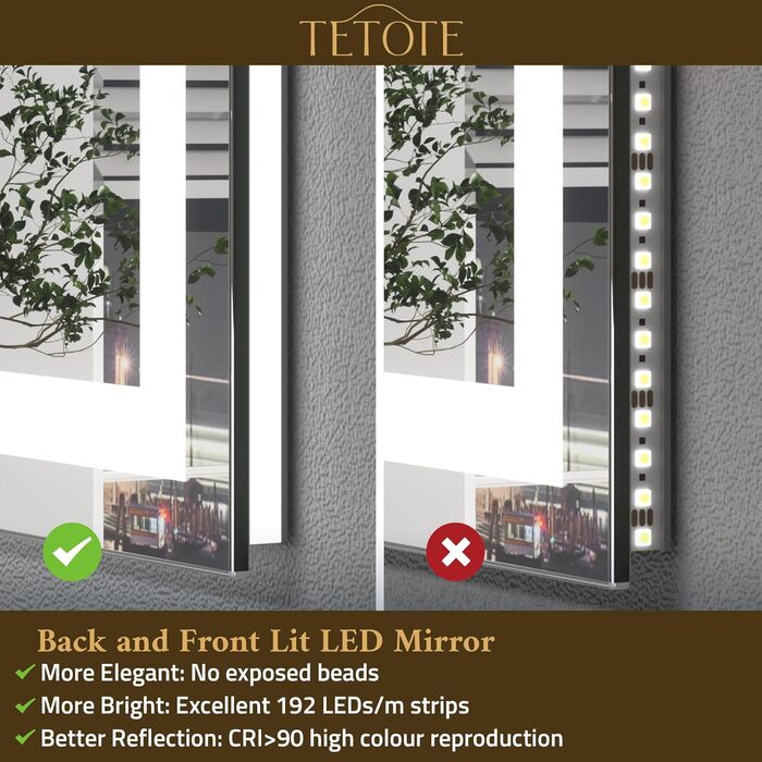 Дзеркало для ванної кімнати TETOTE з підсвічуванням 90x90 см, без рами, LED-touch, 3 кольори, регулювання яскравості, функція пам'яті