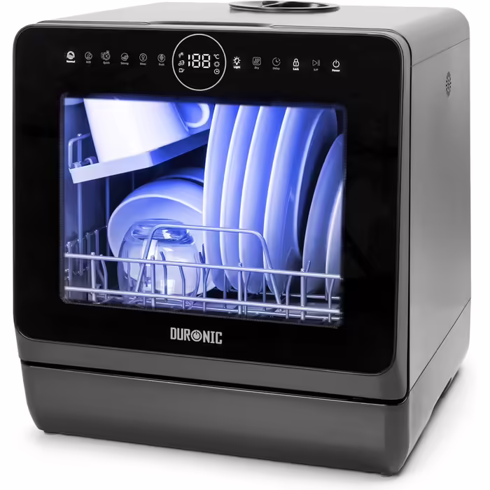 Настільна посудомийна машина Duronic DW5 BK Mini, 6 програм, 3 комплекти посуду, бак 5 л, без підключення води