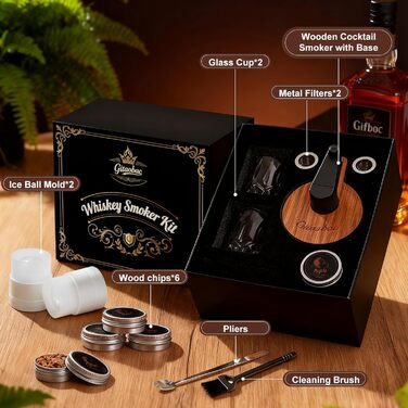 Набір для копчення віскі з інтегрованим запальничкою, 6 видів дерев'яної стружки, 2 склянки, 2 форми для льоду, набір для коктейлів, подарунок на Різдво та день народження для чоловіків, батька, чоловіка (БЕЗ бутану) (коричневий)