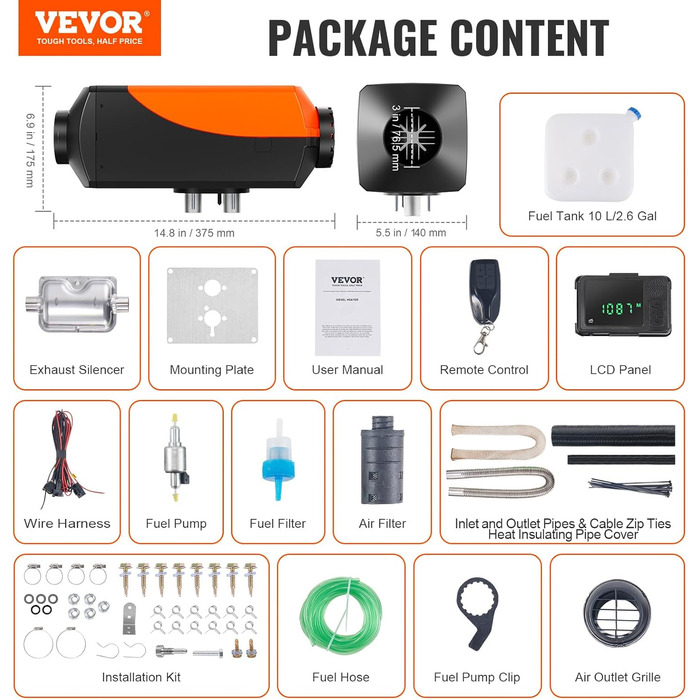 Автономний дизельний опалювач VEVOR 8 кВт, 12V, з LCD-дисплеєм та пультом ДУ, Bluetooth, 0.16-0.62 л/год, оранжевий