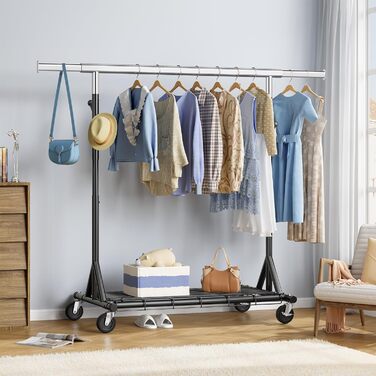Стійка для одягу на колесах FAVOOOSTY, металева, мобільна, до 200 кг, чорна, 1 перекладина
