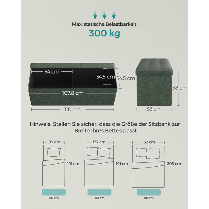 Сидіння з місцем для зберігання, складне, штучна шкіра, до 300 кг, класичний SPF105, лісовий зелений, 76