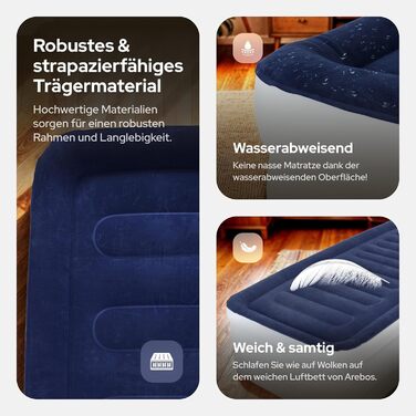 Надувний матрац Arebos | Самостійно надувний матрац 203 × 95 × 51 см для 1 особи | Гостьовий матрац з електричним насосом | Надувний матрац з сумкою для транспортування для кемпінгу/до дому | (Синій/Білий)