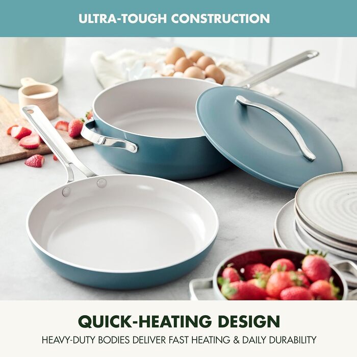 Набір кухонного посуду GreenPan Nova 10 предметів: каструлі та сковорідки, антипригарне покриття без PFAS, для смаження, тушкування, супів, з кришками та інструментами, блакитний (3-Piece Cookware Set)