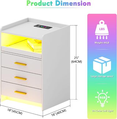 Набір тумбочок Lvifur з 2 шт. , світлодіод, 24 кольори, з можливістю затемнення, 3 шухляди, USB-C, сенсор, білий