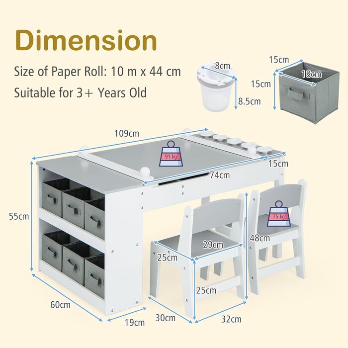 Дитяча група відпочинку 3 в 1 з дерева стіл, 2 стільці, дошка, стіл для рукоділля та навчання, з рулоном паперу, від 3 років (сірий)