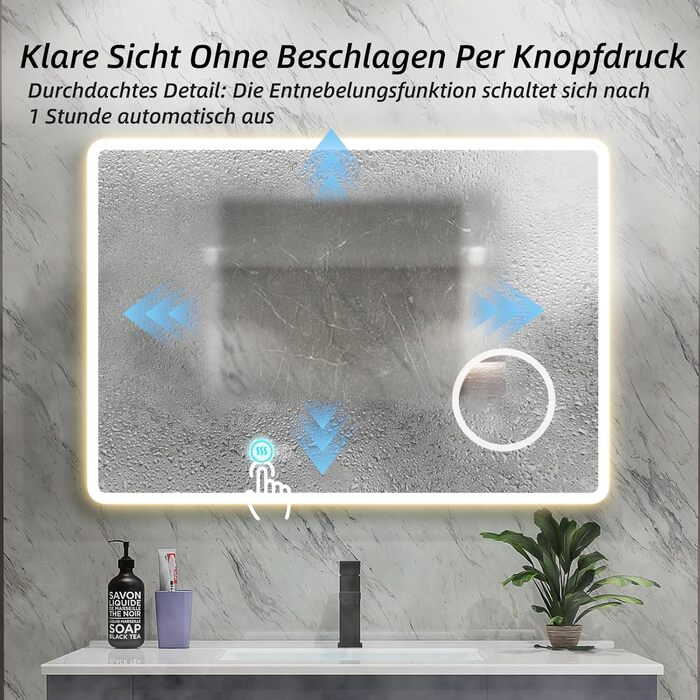 Дзеркало для ванної кімнати HySail з підсвічуванням, 5 мм, висока роздільна здатність, срібне покриття, 3 колірні температури, регульована яскравість, антизапар, сенсорне керування, прямокутне (3 кольори + регулювання + дзеркало для макіяжу + годинник, 80