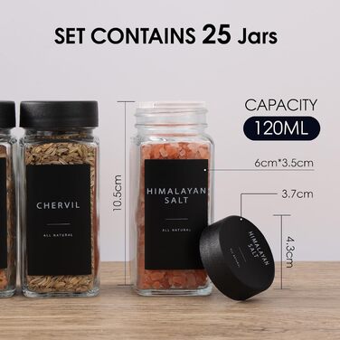 Набір кутових банок для спецій [25x 120 мл] з чорними кришками, дозатор для спецій з вставкою для сипучих продуктів та 308 етикетками, високоякісні контейнери для спецій, органайзер для спецій