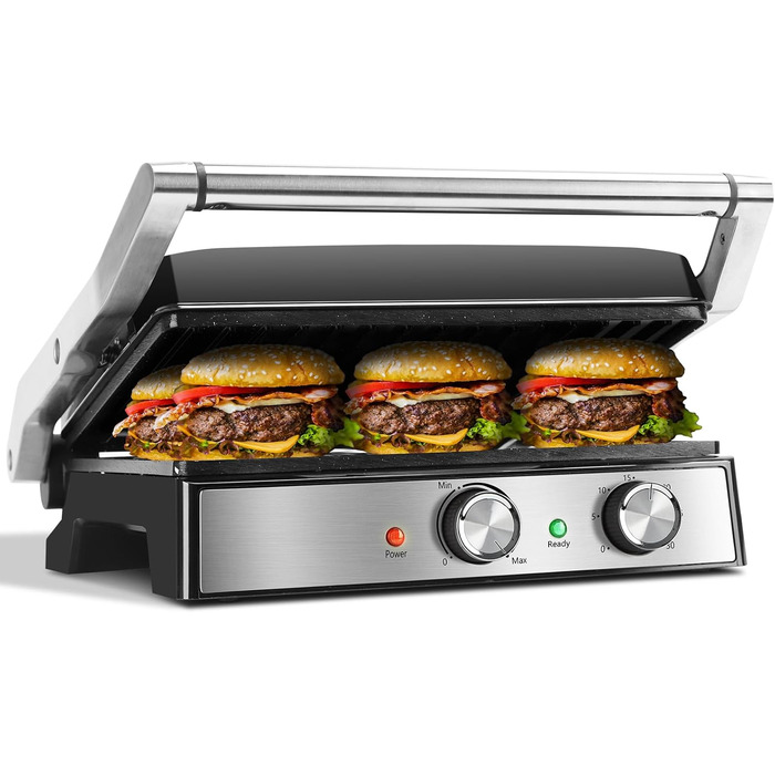 Контактний гриль Aigostar з керамічним покриттям, таймер на 30 хв. Паніні гриль та сендвічмейкер для сендвічів, стейків, тостів. 2000 Вт, регульований термостат, відкривання 180°, функція грилю