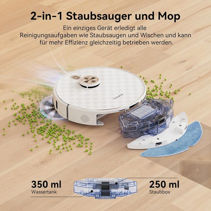 Робот-пилосос Tesvor S8 Pro з функцією миття - 8000Pa, LiDAR-навігація, 240 хв роботи, керування через додаток/Alexa, для тварин, килимів, твердих підлог