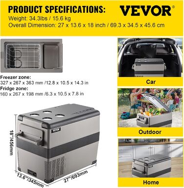 Автомобільний холодильник VEVOR 20л/45л, 12/24V DC та 100-240V AC, з Wi-Fi керуванням, для кемпінгу, подорожей, вантажівок, риболовлі. Електрична термобокс-морозильник