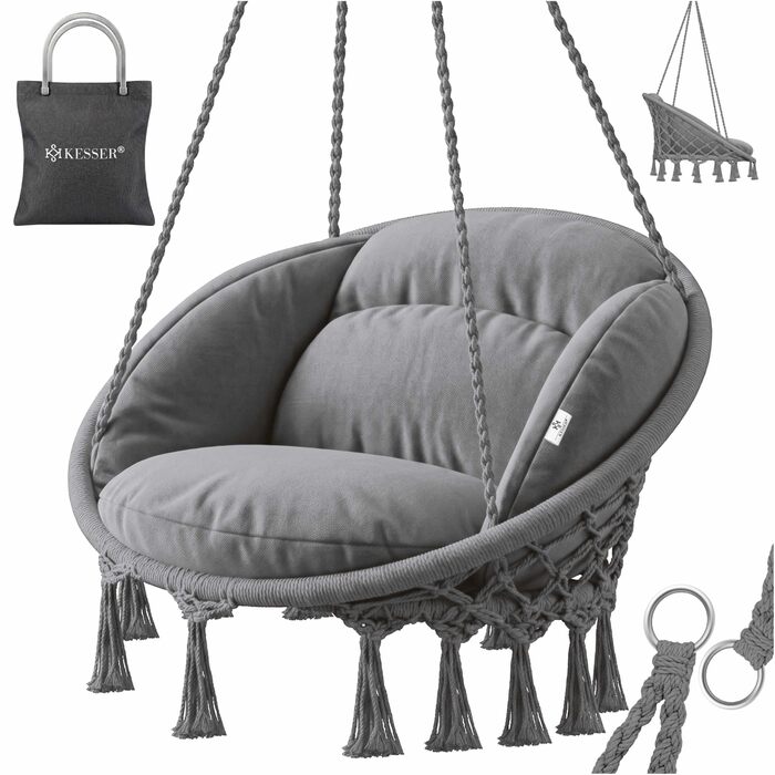 Крісло-гойдалка KESSER® з подушкою - крісло-гойдалка для дорослих та дітей, до 150 кг, для дому та саду, сіре