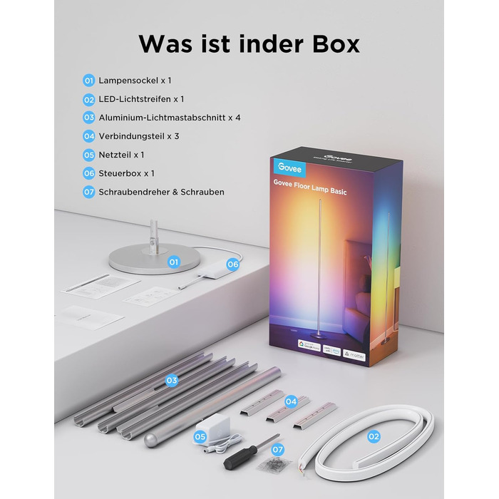 Govee RGBIC LED Торшер WiFi, Диммування, Alexa & Matter, 16 млн кольорів, 85 режимів, Музичний режим, DIY, для вітальні, спальні, геймінгу (Срібний, 1 шт)