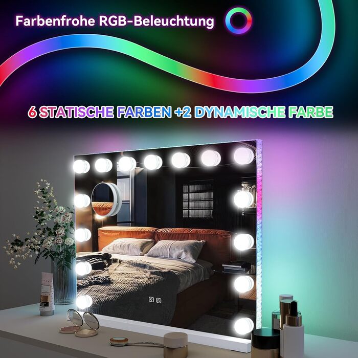 Дзеркало для макіяжу YU YUSING з підсвічуванням 58x45 см, 15 LED, 3 кольори, збільшення 10x, USB Type-C, RGB