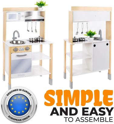 Дерев'яна дитяча кухня Kinderplay з LED та звуками приготування їжі, регульована висота 92–107 см, ігровий набір для дітей від 3 років, повний комплект з аксесуарами, світло-сірий колір (Modern - Weiß)