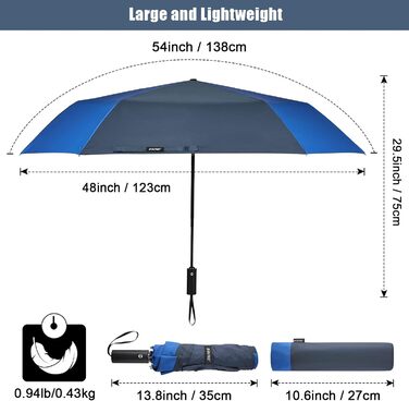 Дюймова складна парасолька та парасолька для гольфу, автоматична, 3-стороння складана, вітрозахисна, компактна (сапфіровий/темно-синій), 4Free 54-