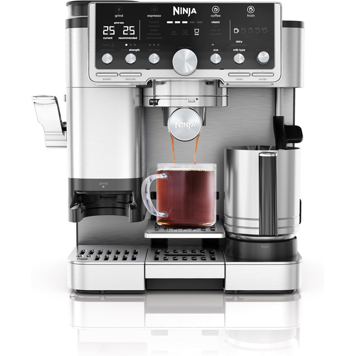 Кавомашина Ninja Luxe Pro 3-в-1 з млинком і спінювачем для латте, капучино, холодної кави та еспресо, 5 режимів, срібляста, ES701EU