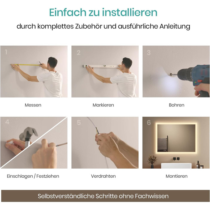 Дзеркало для ванної кімнати EMKE® з підсвічуванням 80x60 см, тепле біле світло 3000K, вимикач, вертикальна/горизонтальна установка, IP44, енергозберігаюче