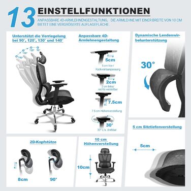 Ергономічне крісло для офісу, 4D підлокітники, регульована глибина сидіння, 4-рівневий нахил, гумові колеса, сітчаста сидіння, висока спинка, для великих людей, Homeoffice & Gaming, чорне ергономічне крісло з сітчастою подушкою сидіння
