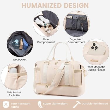 Спортивна сумка Lovevook для подорожей: жіноча дорожня сумка-шопер, сумка для вихідних з косметичкою, відділенням для взуття та мокрих речей, водонепроникна, 37л, бежева