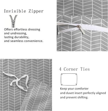 Сіра постільна білизна 180x200 см з геометричним дизайном, двостороння, з м'якої мікрофібри, для алергіків, 3 частини (1 ковдра + 2 подушки), з блискавкою, сучасний дизайн