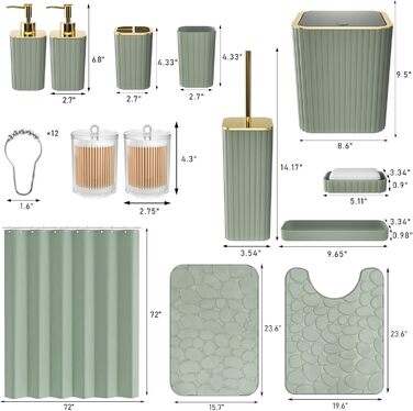 Набір аксесуарів для ванної кімнати, 25 предметів, салатовий, з душовою завісою та килимками