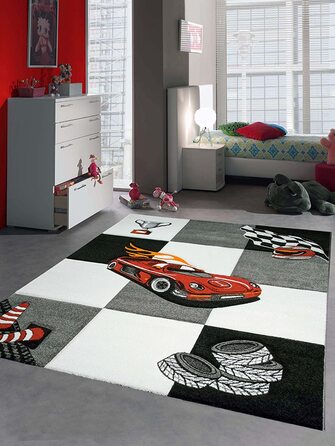 Дитячий автомобільний килим для дитячої кімнати гоночний автомобільний килим з контурним вирізом сірого, білого, чорного кольору, розмір (160x230 см)