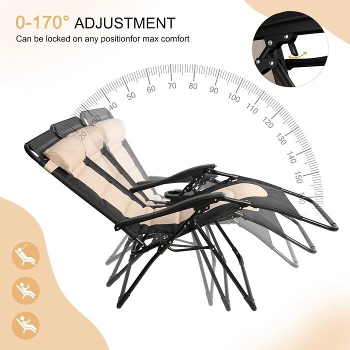 Розкладне ліжко для саду, широке 72 см, з підстаканником та подушкою, для відпочинку на вулиці, на терасі або балконі (Бежевий)