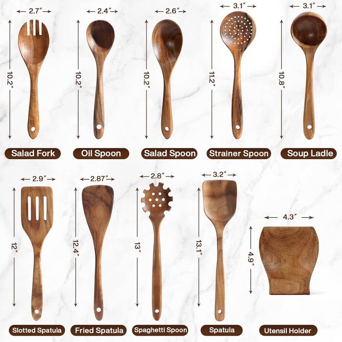 Набір кухонних аксесуарів з текового дерева (10 шт.) з підставкою, лопатка, половник, половник для супу, ложка для салату, виделки та ложки для салату, подарунок для кухаря