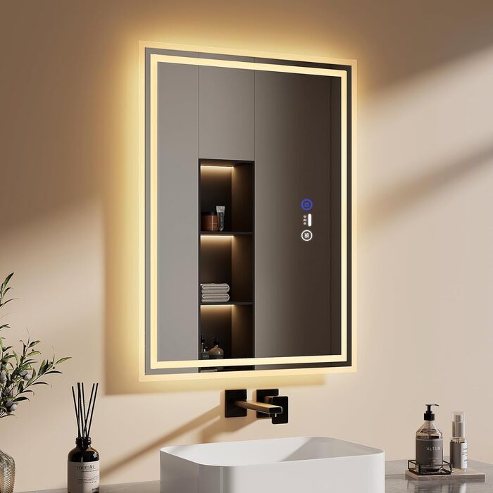 Дзеркало для ванної кімнати EMKE з підсвічуванням 80x60 см, LED, з датчиком руху, сенсорне, проти запотівання, 3 кольори світла, регулювання яскравості, таймер 1 год, IP44, енергозберігаюче