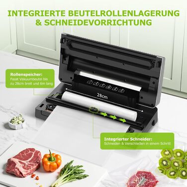 Вакууматор Bonsenkitchen для продуктів, потужний вакуумний пакувальник з 5 режимами, 8 л/хв, технологія Globefish, чорний (комплект: 5 пакетів та 1 рулон)