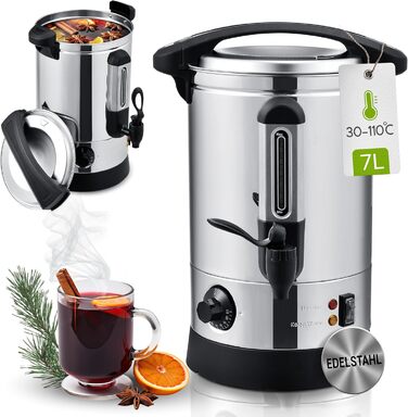 Електричний диспенсер для глінтвейну Juskys Teramo 7 літрів, 1500W з краном, термостатом та захистом від перегріву, 30-110°C, нержавіюча сталь