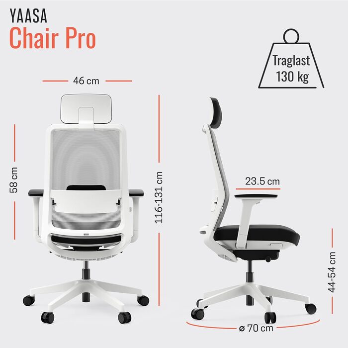 Yaasa Chair Plus: Ергономічне офісне крісло з підголівником, 2D-підтримкою спини та 4D-підлокітниками - Біле, Pro. Переможець тесту! До 150 кг.